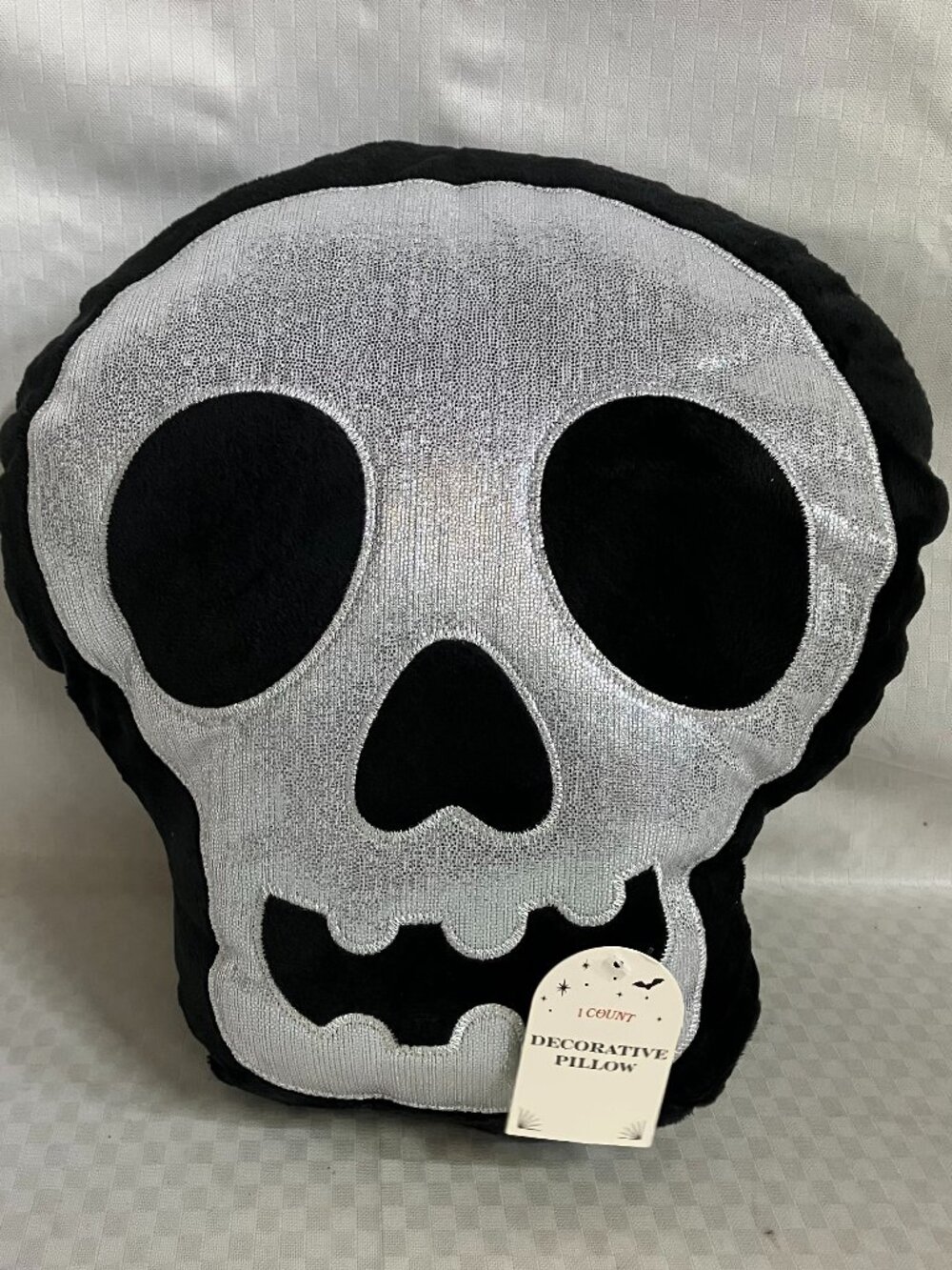 Gothic Sparkle Skull Pillow 12.25"x11.5" Black & Silver Decorative Glitter Plush